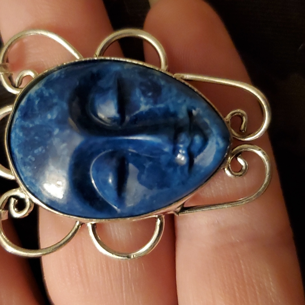 New Goddess Face Lazulite and Blue Topaz 925 Silver Necklace. - Picture 2 of 7